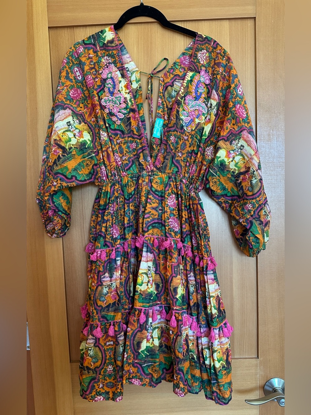Boho Floral Tassel Maxi Dress in Orange, Green & Pink